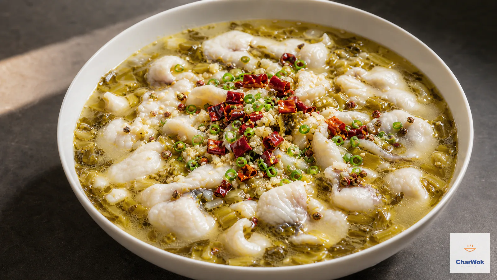 Tender white fish slices in pale golden sour mustard broth topped with garlic, scallion, dried red chilli and Sichuan peppercorns