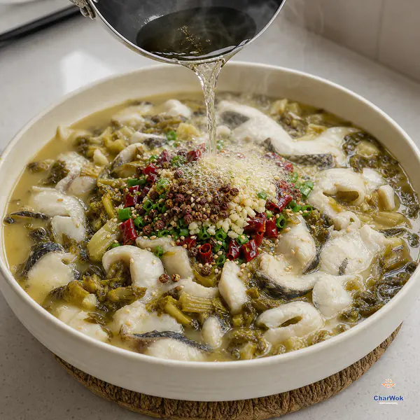 A clear stream of shimmering hot oil hits the central garlic, scallion, dried chilli, Sichuan peppercorn and sesame mound over intact fish slices without visible smoke