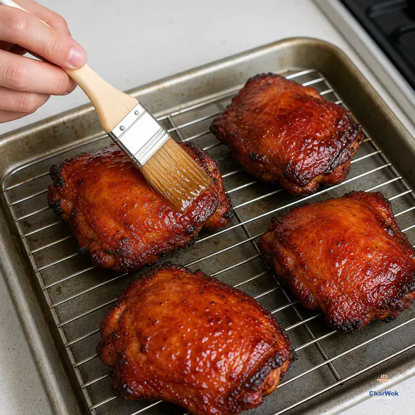 A pastry brush applies a thin amber glaze to deep red-brown char siu chicken thighs on a rack, with caramelized dark edges but no burn