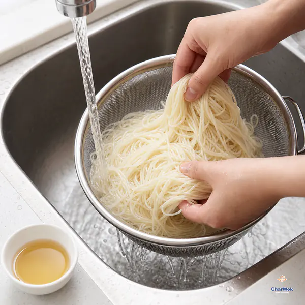 Two hands loosen fine wheat noodles beneath running cold water in a mesh colander while the separate strands drain freely