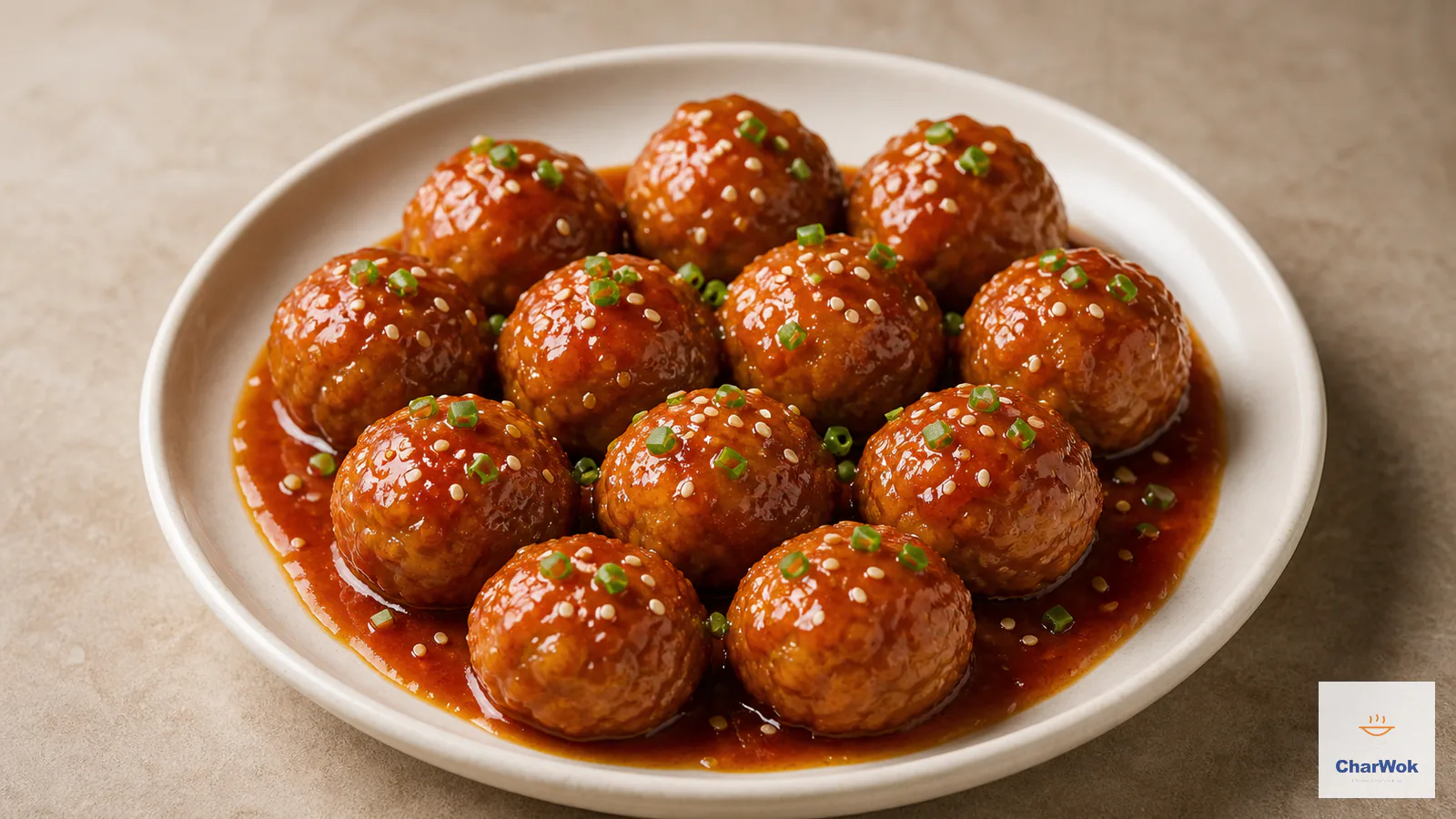 Glossy sweet-and-sour pork meatballs in red-orange sauce, finished with toasted sesame and scallion