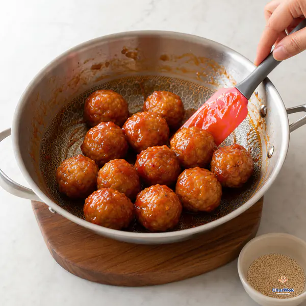 A silicone spatula gently folds baked meatballs through a thin red-orange glaze in a skillet resting off the heat on a wooden trivet