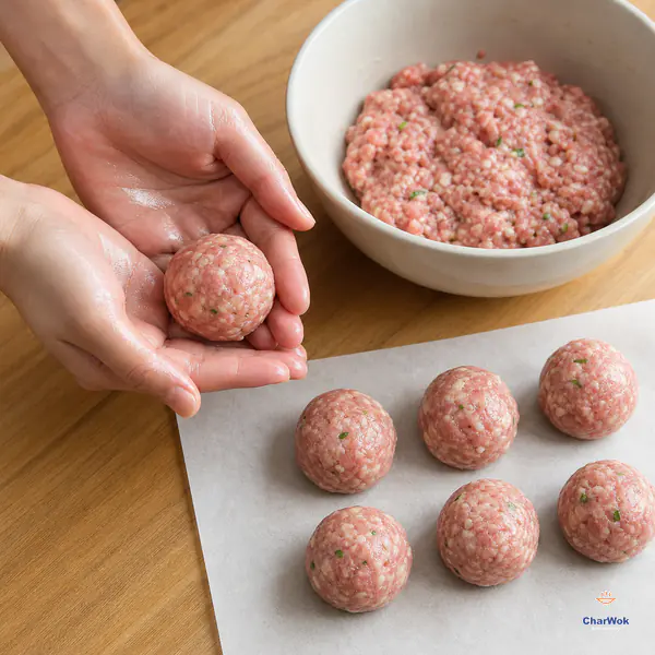 Lightly oiled hands cradle one smooth raw pork meatball beside six matching balls spaced apart on parchment and the remaining meat mixture