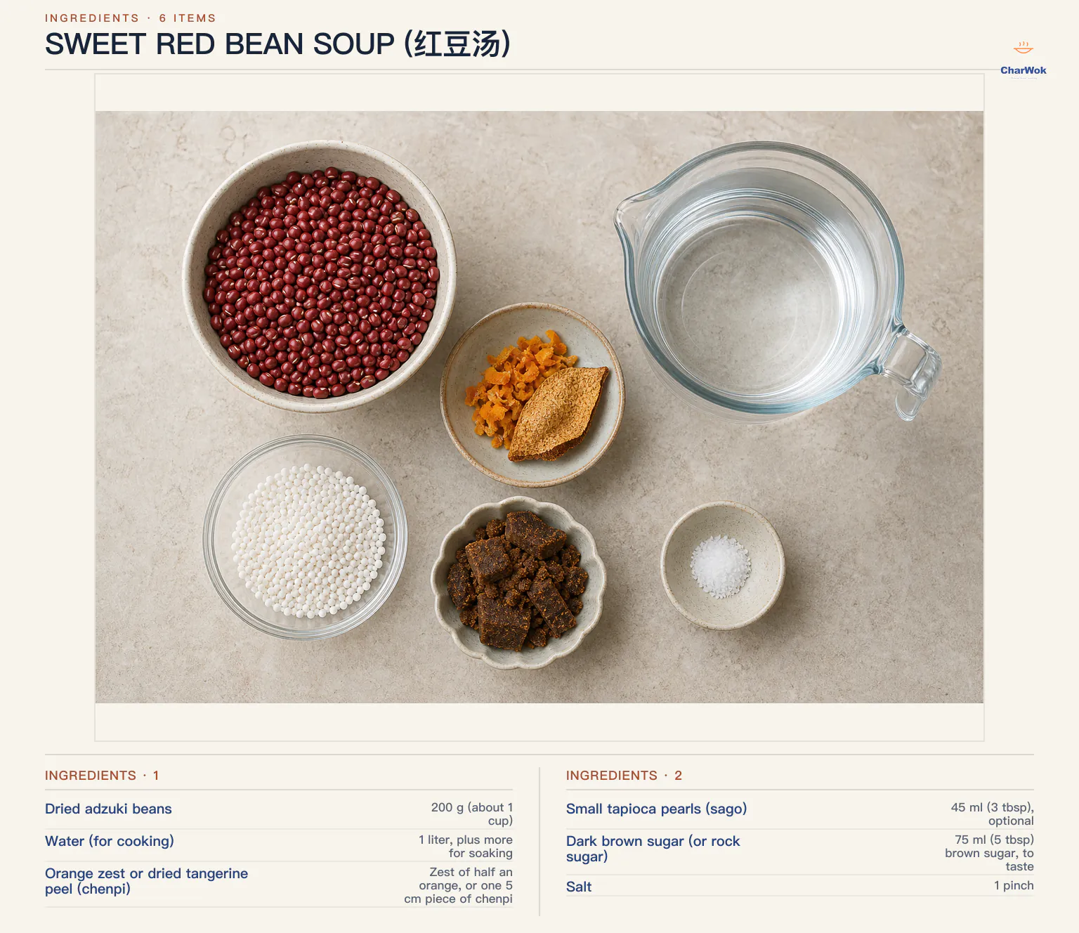 Ingredients for Sweet Red Bean Soup (红豆汤), arranged in a top-down flat lay