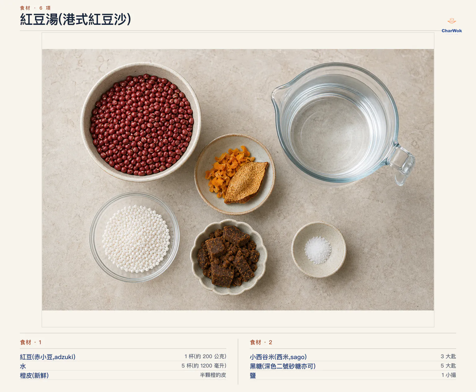 紅豆湯(港式紅豆沙)完整食材俯拍平鋪圖