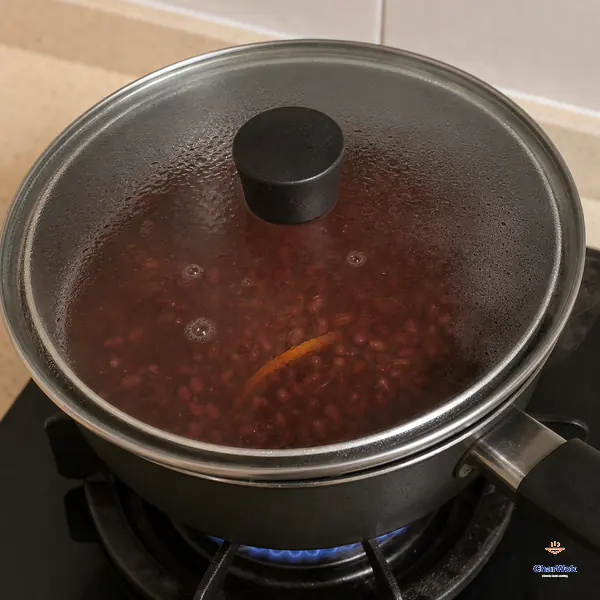 A glass lid nearly covers a saucepan of adzuki beans and orange peel while only a few tiny bubbles rise above the smallest blue flame