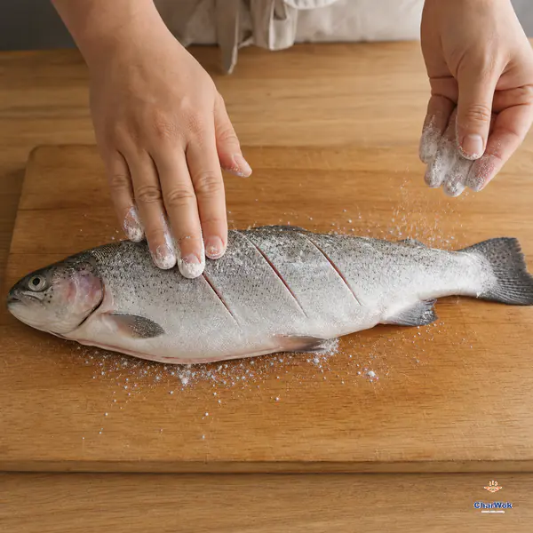 Hands dust one intact raw rainbow trout with a nearly translucent starch film while exactly three diagonal slashes remain clear on its dry skin