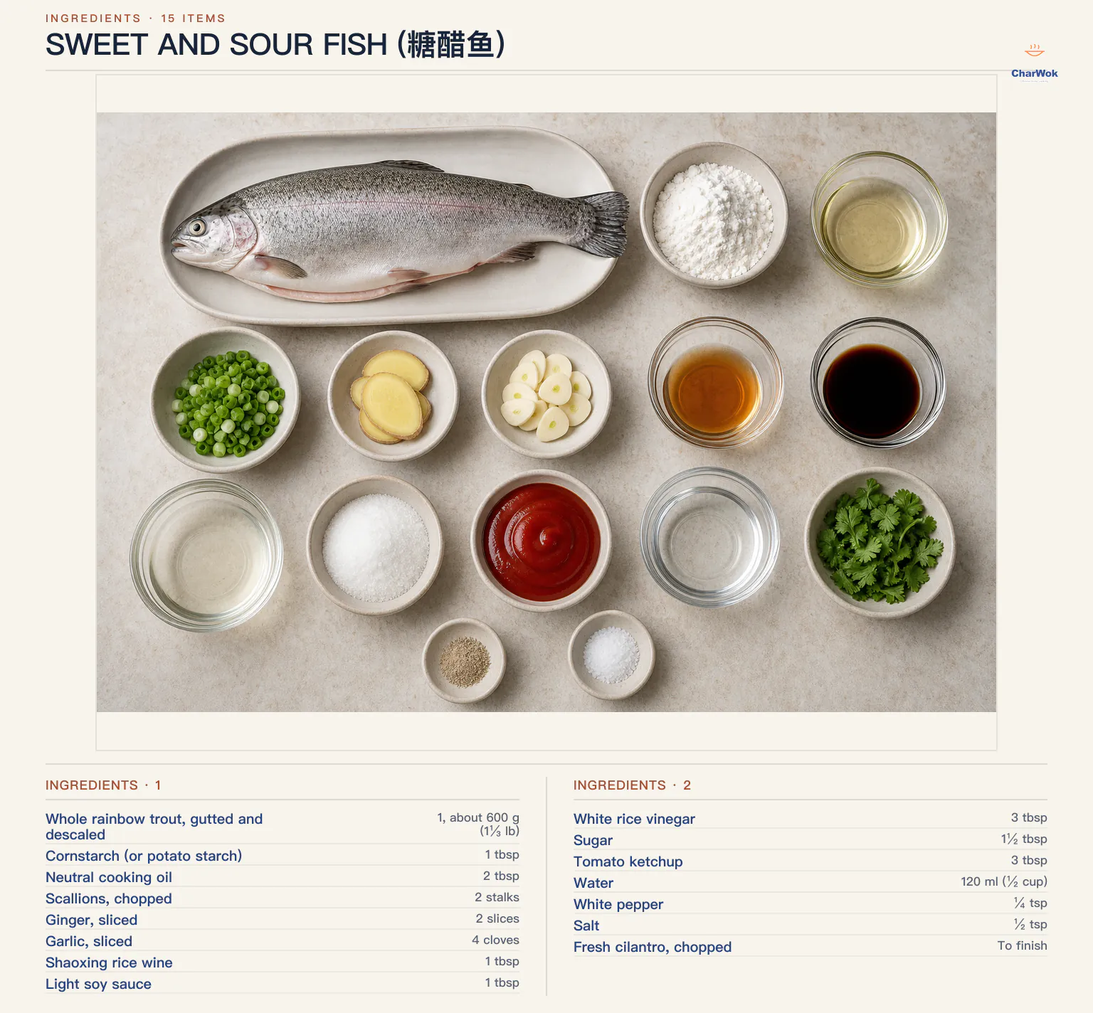 Ingredients for Sweet and sour fish (糖醋鱼), arranged in a top-down flat lay