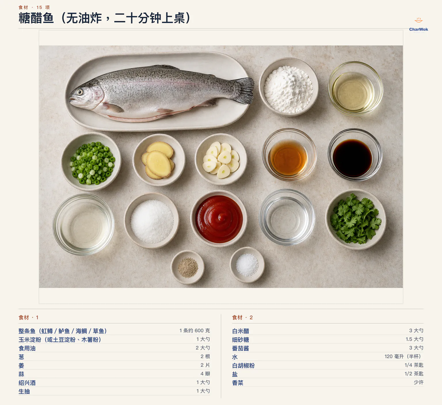 糖醋鱼(无油炸,二十分钟上桌)完整食材俯拍平铺图