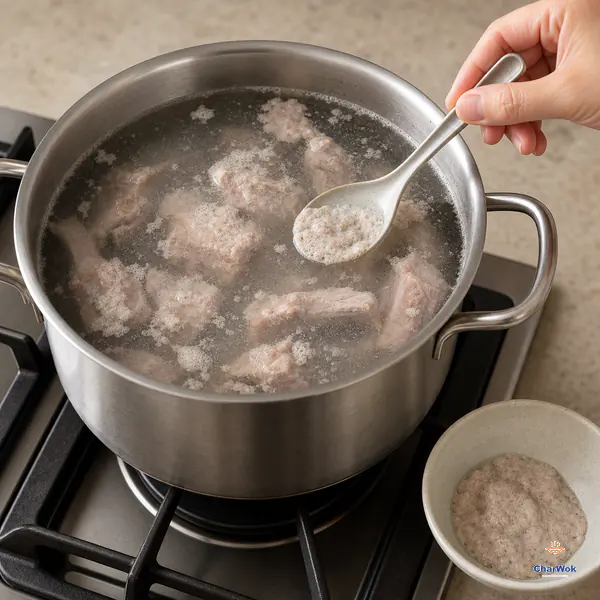 A spoon lifts grey-white protein foam from gently simmering bone-in pork ribs submerged in clear water, with the skimmed foam collected separately