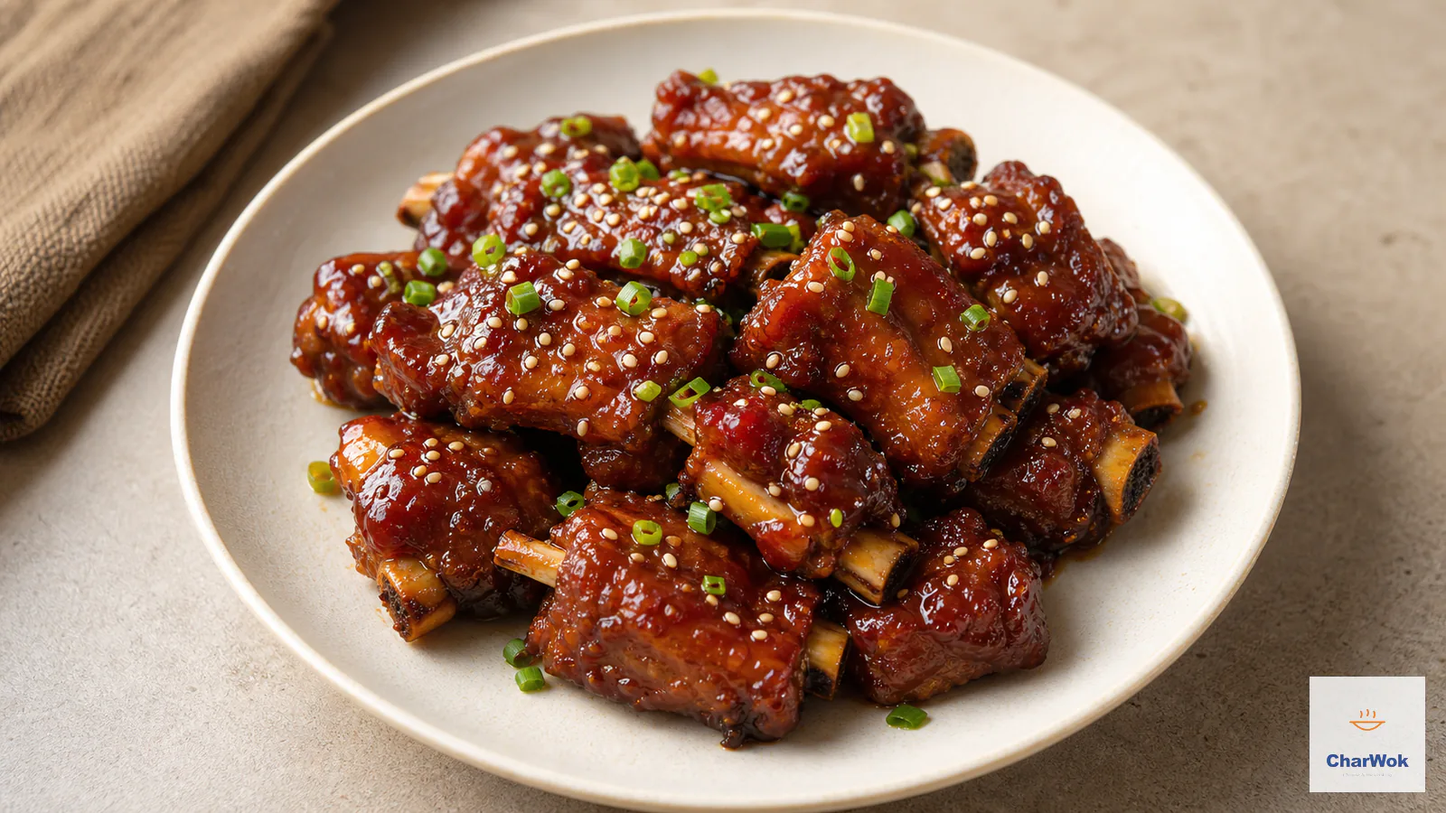 Bone-in sweet-and-sour pork ribs coated in a glossy deep amber-brown glaze with toasted sesame and scallion