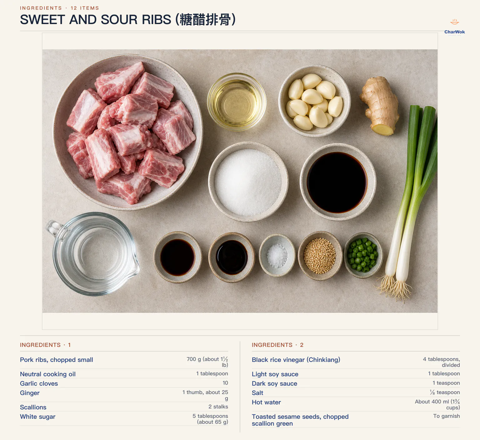 Ingredients for Sweet and Sour Ribs (糖醋排骨), arranged in a top-down flat lay