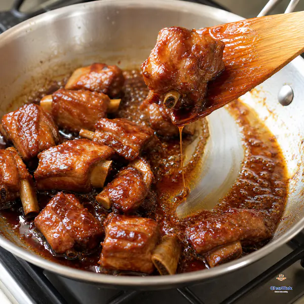 A wooden spatula lifts one bone-in rib while a short thin ribbon of deep amber glaze falls into a clean trail in the reducing pan