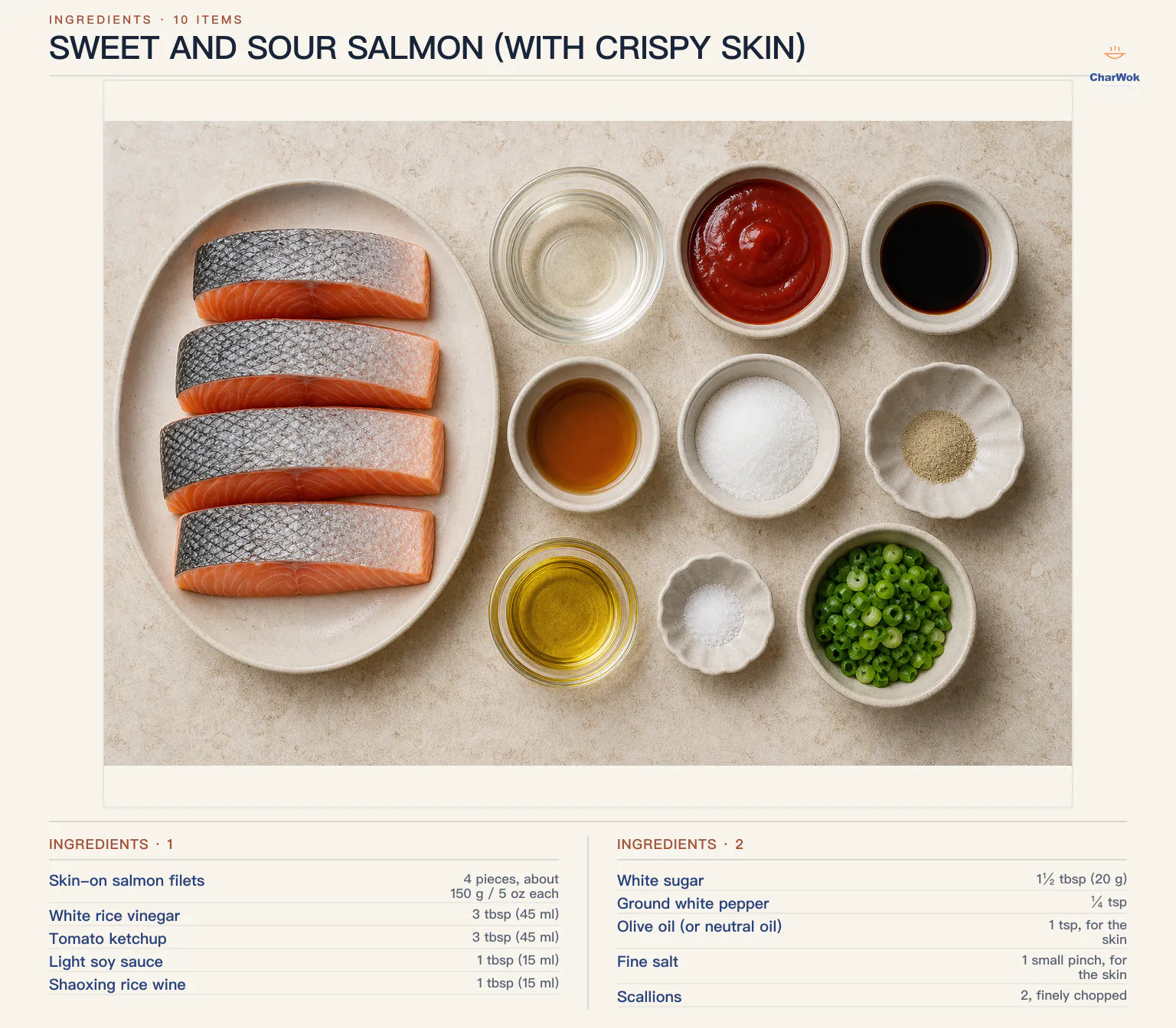 Ingredients for Sweet and Sour Salmon (with Crispy Skin), arranged in a top-down flat lay