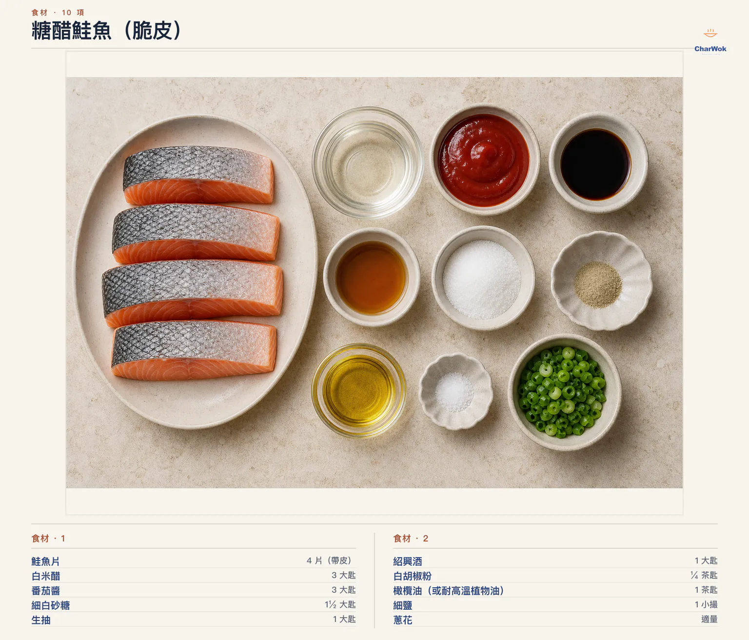 糖醋鮭魚(脆皮)完整食材俯拍平鋪圖