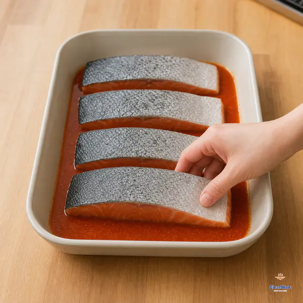 Four raw salmon portions sit flesh-side down in a shallow layer of red-orange sauce while every silvery skin side remains dry and uncovered