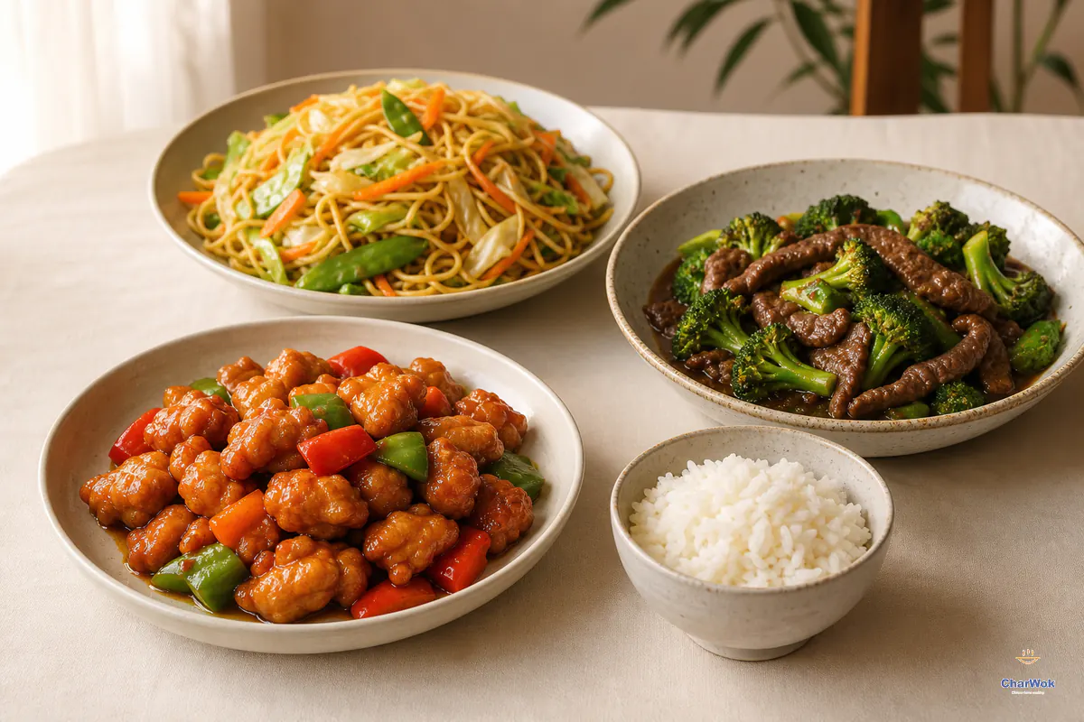 Homemade orange chicken, beef with broccoli, vegetable chow mein and rice