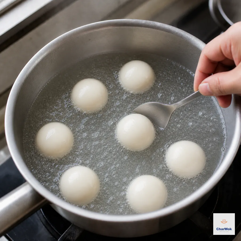 Seven intact white tang yuan float separately in a steady medium-high boil while the back of a spoon gently nudges one ball sideways