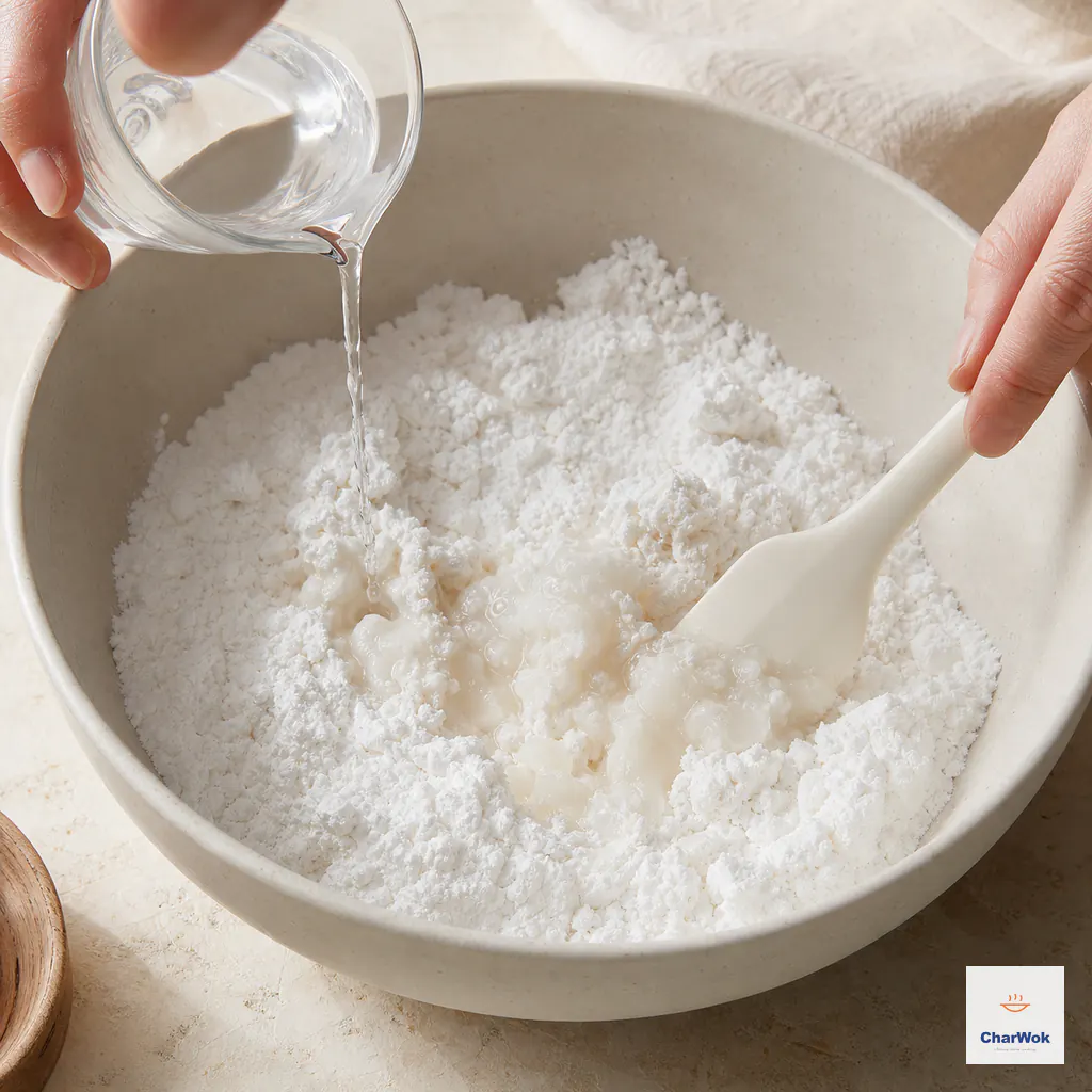 A thin stream of just-boiled water hits glutinous rice flour while a spatula stirs translucent sticky patches into the remaining dry flour