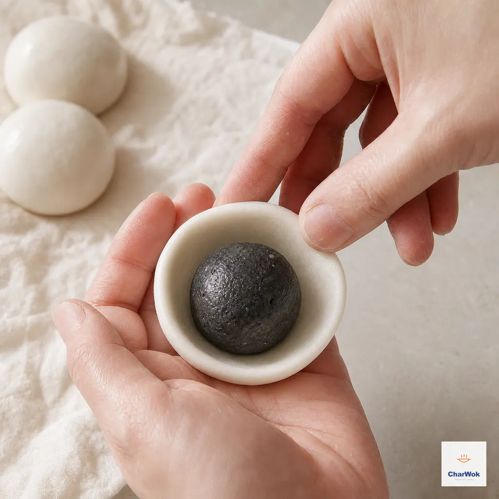 Two hands cradle a thin-rimmed white glutinous rice wrapper around one cold black sesame filling ball while the upper fingers push the dough wall upward
