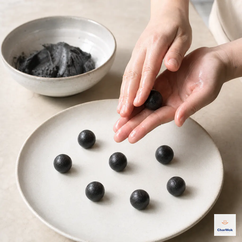 Clean hands roll a firm glossy black sesame filling portion while several matching balls rest apart on a cream plate and loose sesame paste remains in a bowl