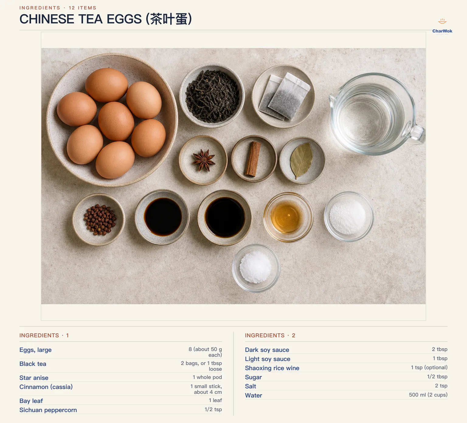 Ingredients for Chinese Tea Eggs (茶叶蛋), arranged in a top-down flat lay