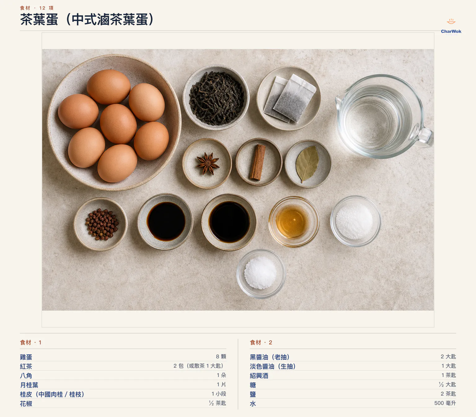 茶葉蛋(中式滷茶葉蛋)完整食材俯拍平鋪圖