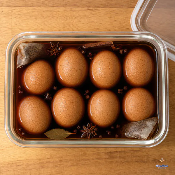 Exactly eight fine-cracked shell-on eggs sit fully submerged in cooled amber tea-and-soy marinade with two tea bags and whole spices