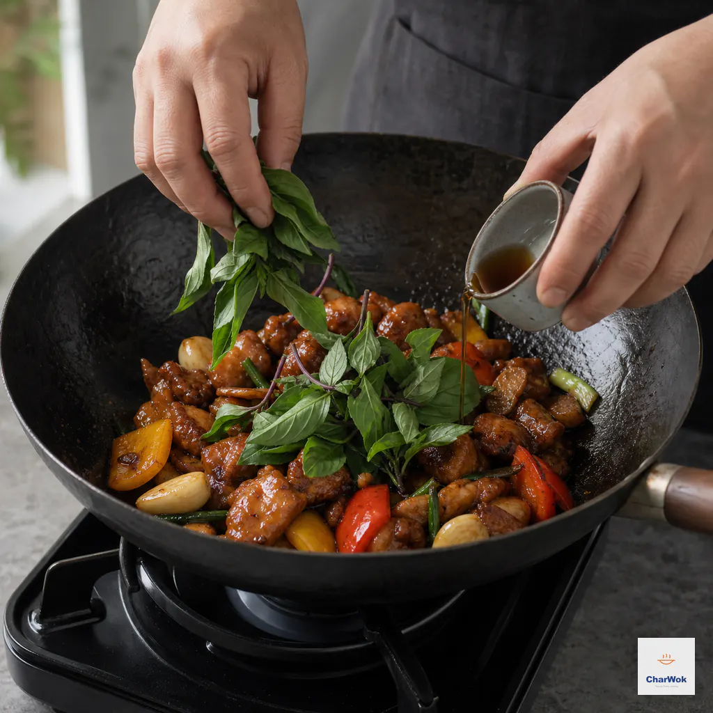 Fresh Thai basil and a small final drizzle of toasted sesame oil are added to glazed chicken over an unlit burner