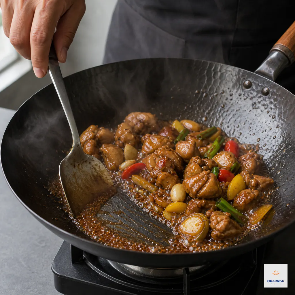 Three cup chicken bubbles uncovered as a spatula leaves a clean trail through the shallow mahogany glaze