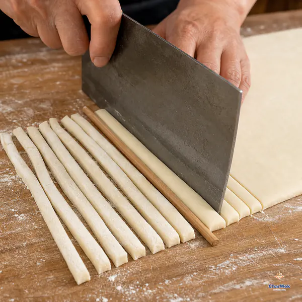 A cleaver cuts an eight-millimetre-thick dough sheet into flour-dusted noodle strips with small nearly square cross-sections beside a wooden chopstick