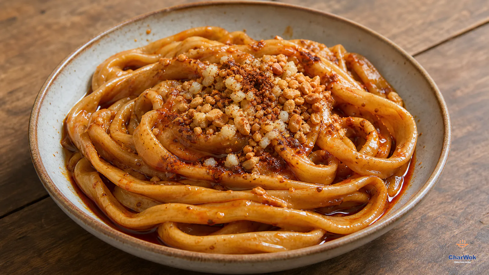 Long thick handmade sweet water noodles coated in reddish-brown chili, sesame and spiced sweet soy sauce with crushed peanuts, garlic and Sichuan pepper