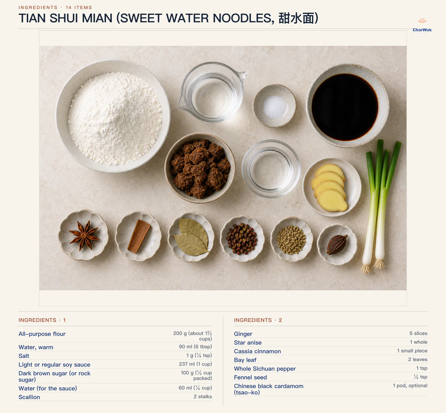 Ingredients for Tian Shui Mian (Sweet Water Noodles, 甜水面), arranged in a top-down flat lay