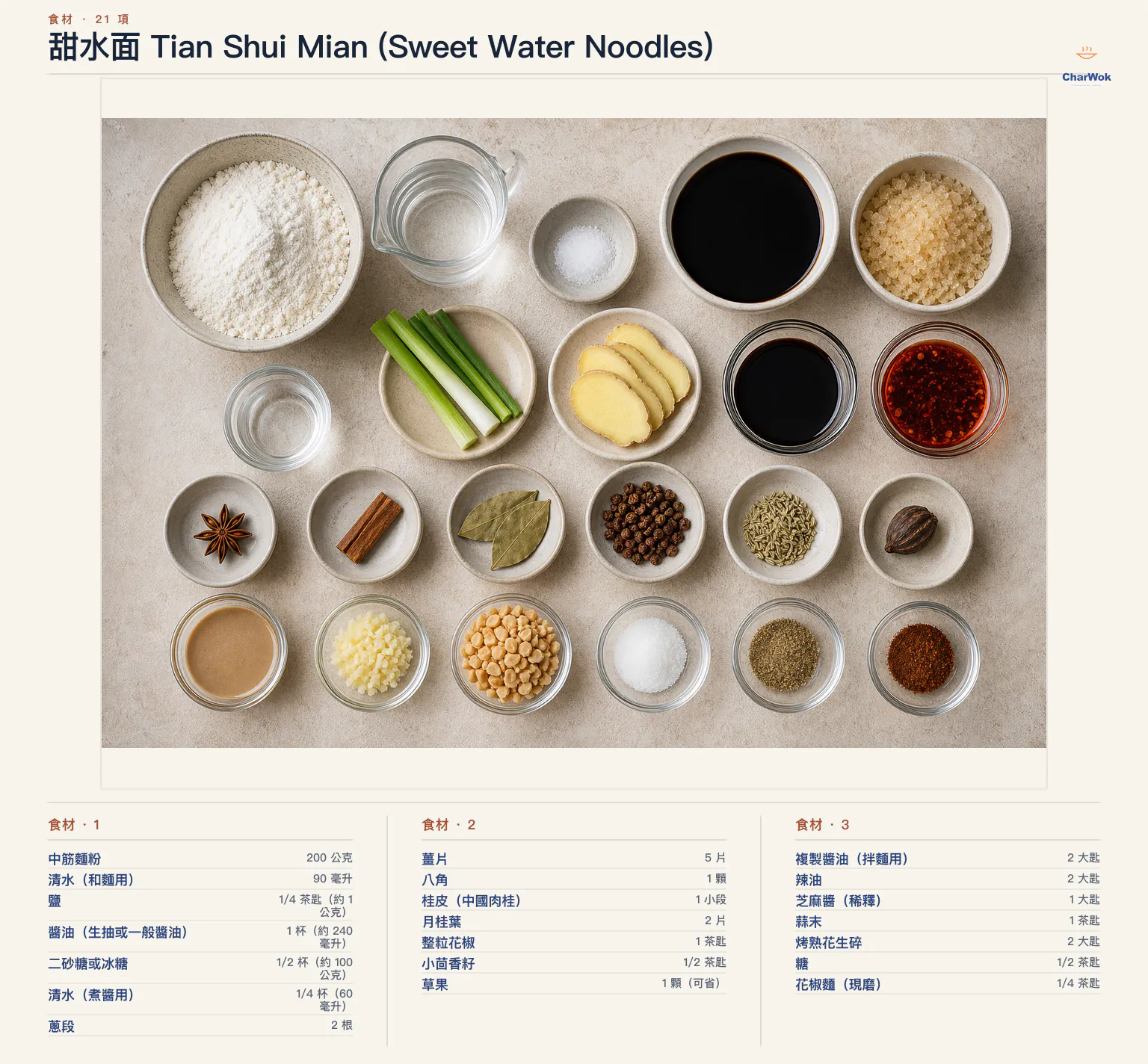 甜水面 Tian Shui Mian (Sweet Water Noodles)完整食材俯拍平鋪圖