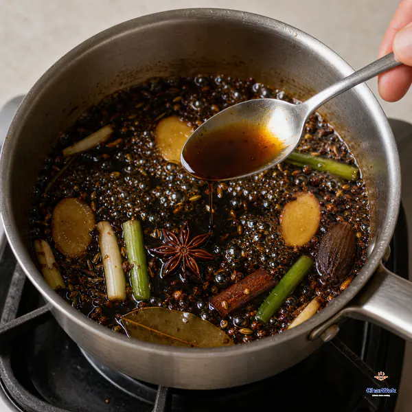 A spoon held over densely bubbling spiced sweet soy carries a thin glossy dark film that runs slowly from its lower edge