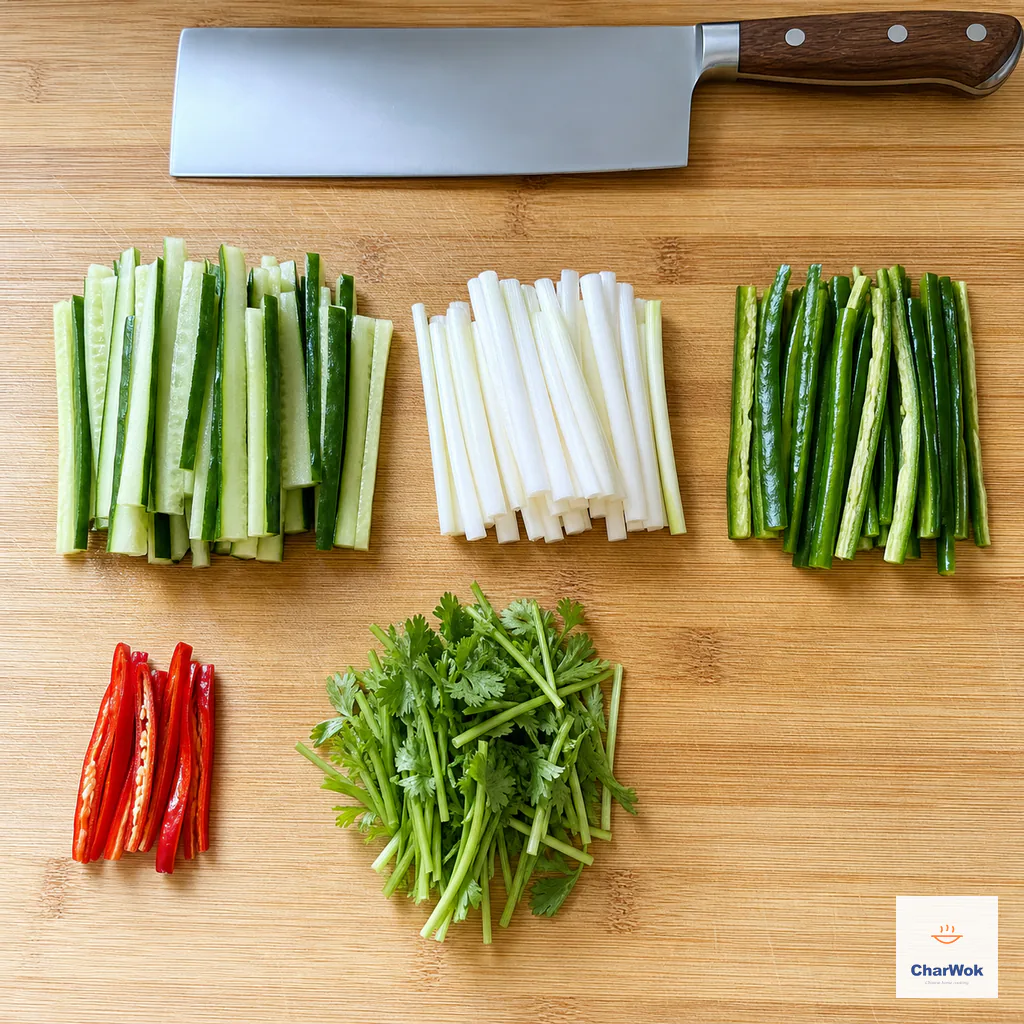 Five separate piles of cucumber, scallion-white, green-chili, red-chili, and cilantro pieces are all cut into closely matching five-centimeter thin batons