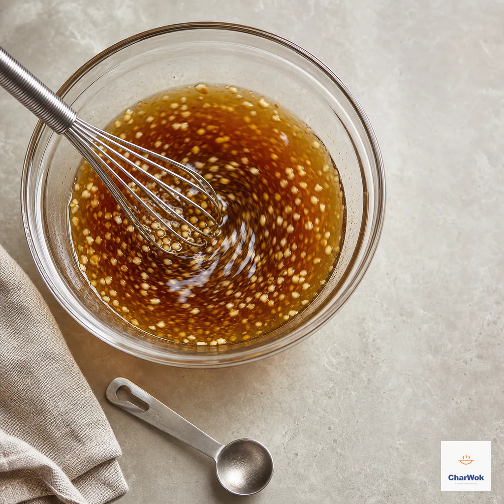 A small whisk stirs translucent amber dressing with finely minced garlic in a clear bowl whose bottom shows no undissolved sugar crystals