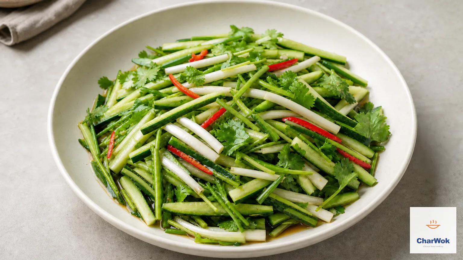 Northeast Chinese tiger salad with crisp cucumber, scallion whites, green and red chili batons, and cilantro in a light glossy black-rice-vinegar dressing