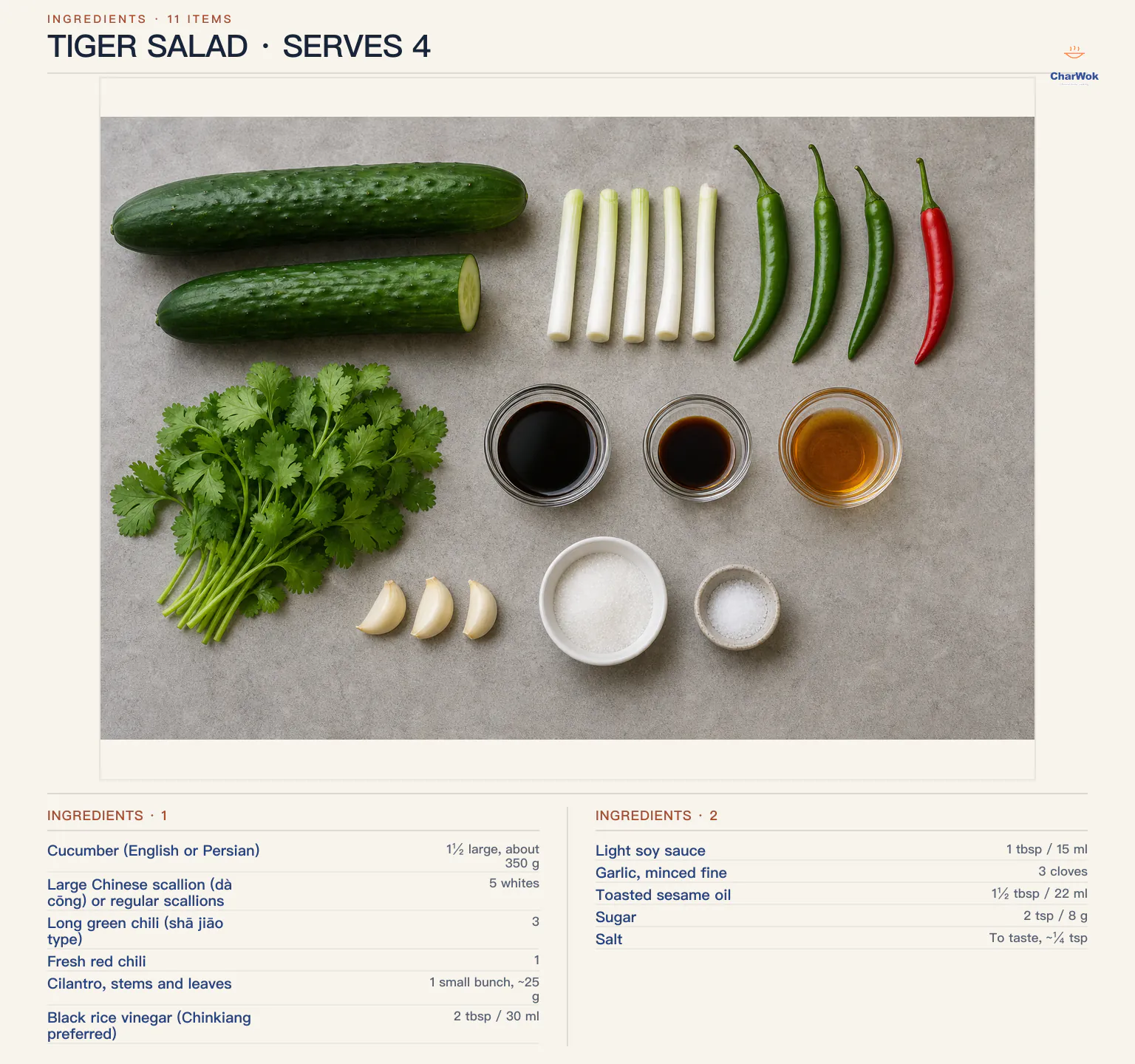 Tiger salad ingredients labeled in English: one and a half large cucumbers, 5 scallion whites, 3 long green chilies, 1 red chili, 25 g cilantro, black rice vinegar, light soy sauce, 3 garlic cloves, toasted sesame oil, sugar, and salt