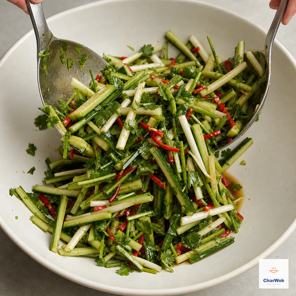 Two serving spoons lift crisp cucumber, scallion, chili, and cilantro batons through a thin glossy dressing with only a small pool at the bowl bottom