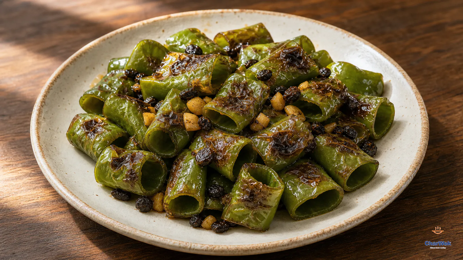 Stemless seedless cross-cut green pepper tubes with brown tiger-skin blisters, garlic and fermented black beans in a thin vinegar glaze