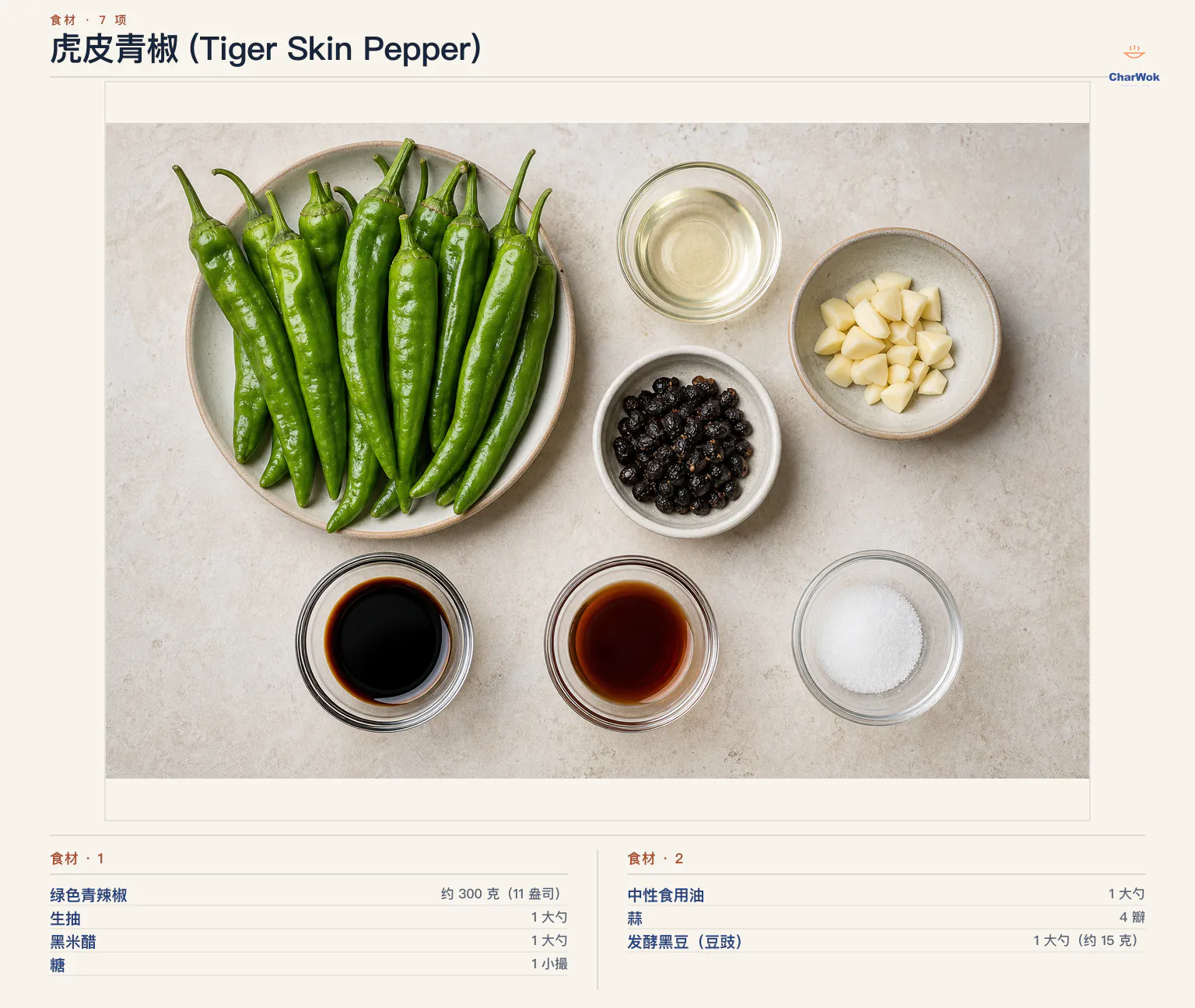 虎皮青椒 (Tiger Skin Pepper)完整食材俯拍平铺图