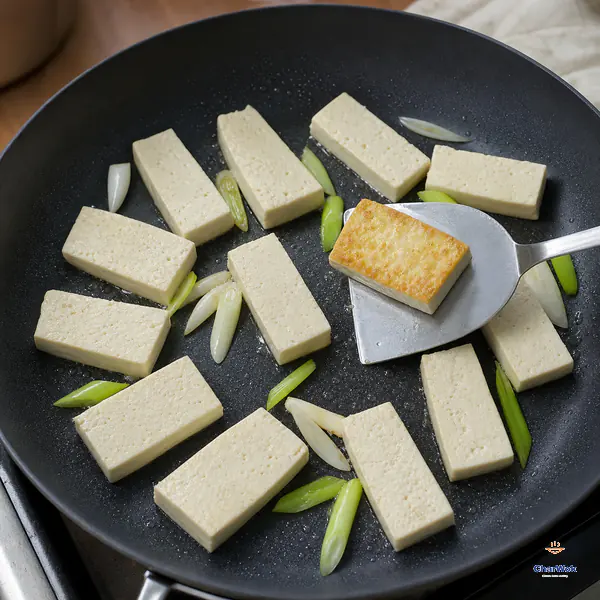 A metal spatula lifts one 1.3-centimetre-thick tofu rectangle to show an intact golden underside while the other slabs and scallion whites remain spaced in one layer