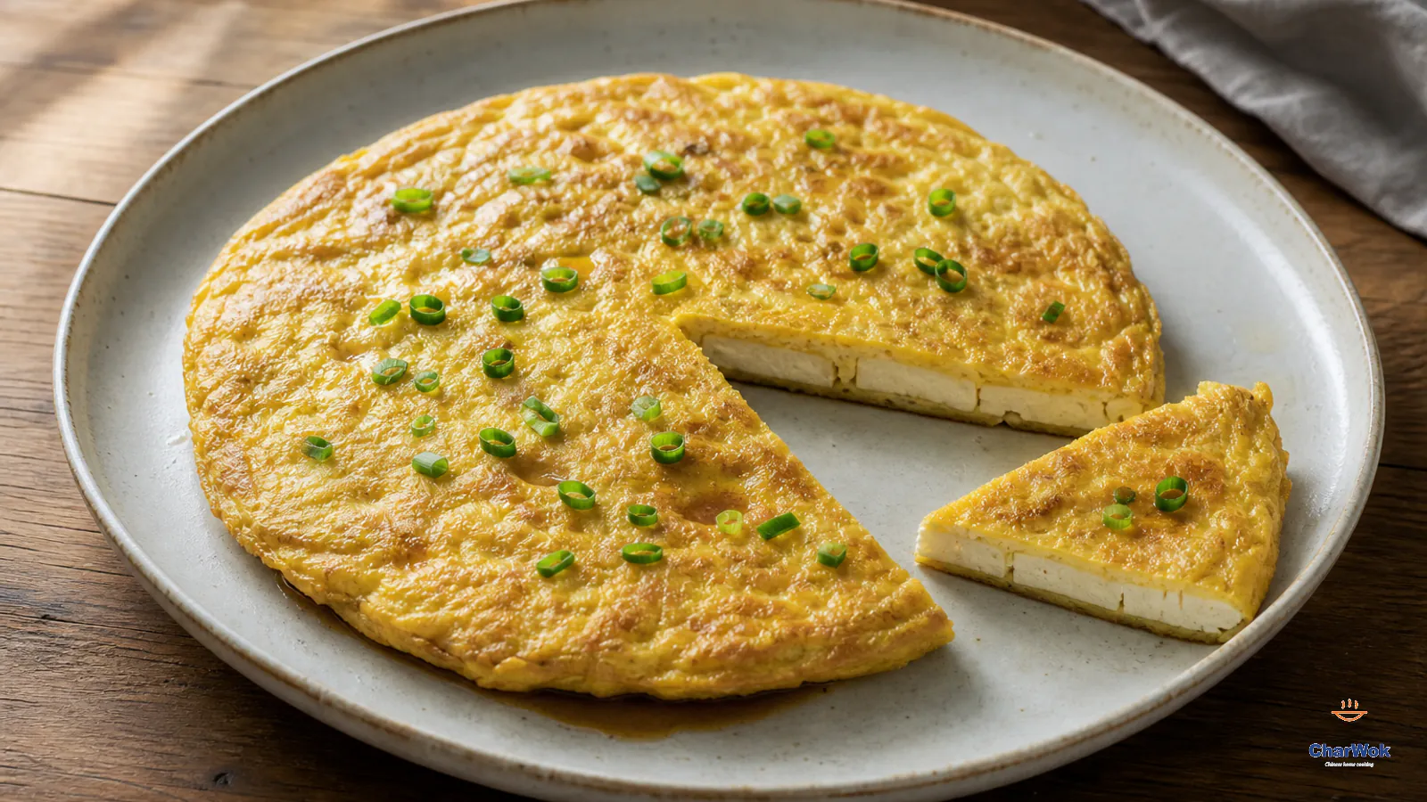 Thin golden tofu omelet with one layer of rectangular firm-tofu slabs, a cut wedge, scallion greens and a little soy glaze