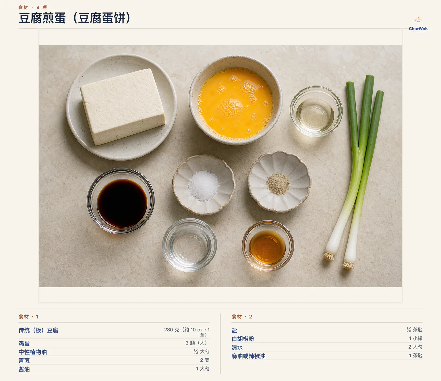 豆腐煎蛋（豆腐蛋饼）完整食材俯拍平铺图