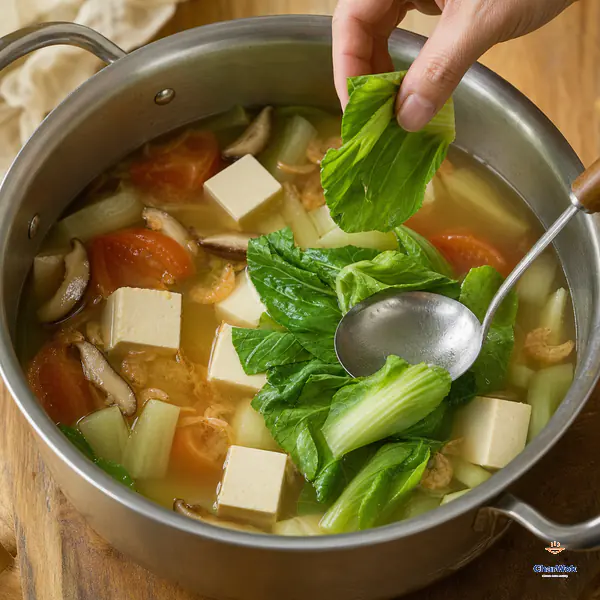 A hand adds separate bright-green bok choy leaves to a calm off-heat pot of clear soup with intact tofu cubes, cooked stems, tomato, shiitake and dried shrimp