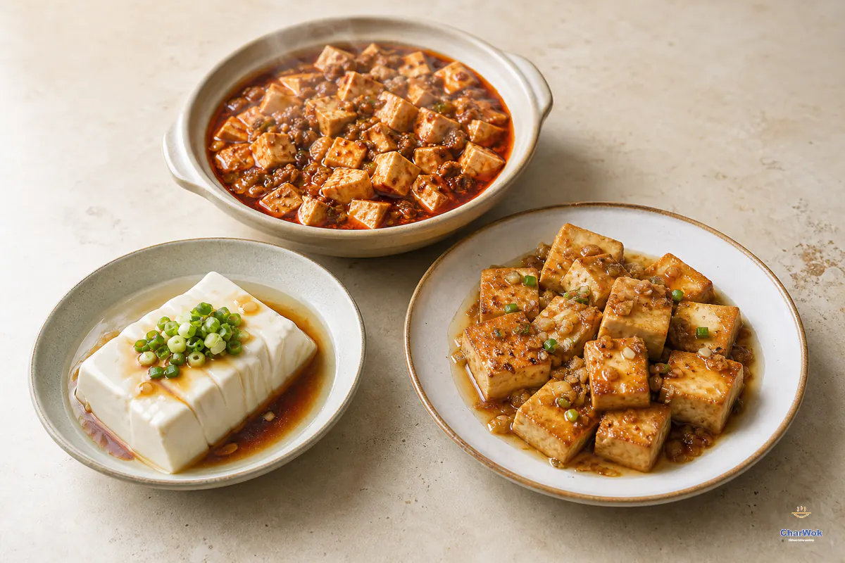 Mapo tofu, pan-fried tofu with garlic sauce and steamed silken tofu