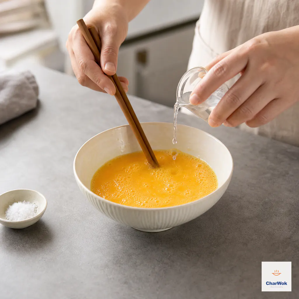 Two tablespoons of water are poured into four eggs while chopsticks beat them into an even golden mixture with fine bubbles