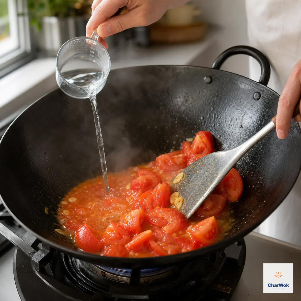 Water is poured into softened tomato wedges and pale-gold garlic as a spatula presses a few pieces into a light red-orange sauce