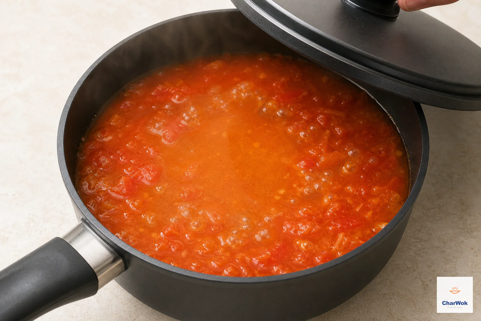 A lid lifts from the diluted orange-red tomato soup after the boil is reduced to steady small bubbles around a calm centre